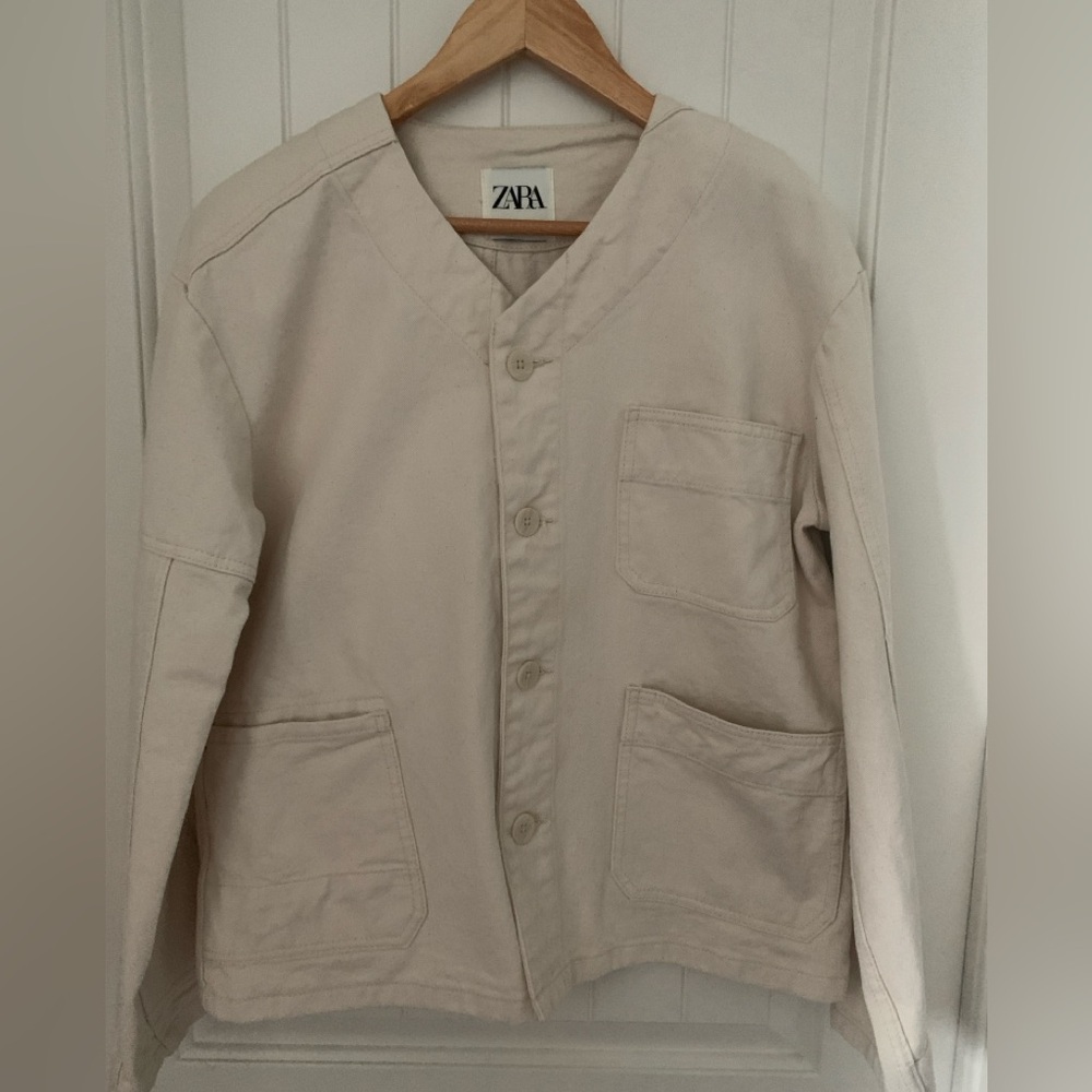 Zara Women's Cream Oversized Collarless Denim Jacket Size Small streetwear